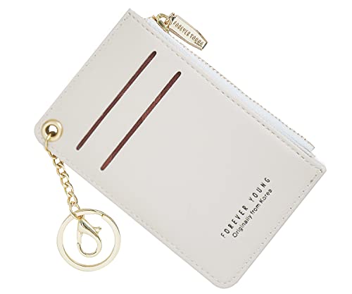 Prometheism Small Wallets for Women Slim Leather Card Case Holder Wallet Coin Change Purse with Keychain (Beige) - Image 1