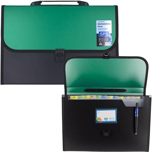 SPS 13 Pocket Expanding File Folder with Buckle Closure,Label Index and Handle for A4/Foolscap/Legal Documents (Green) - Image 1