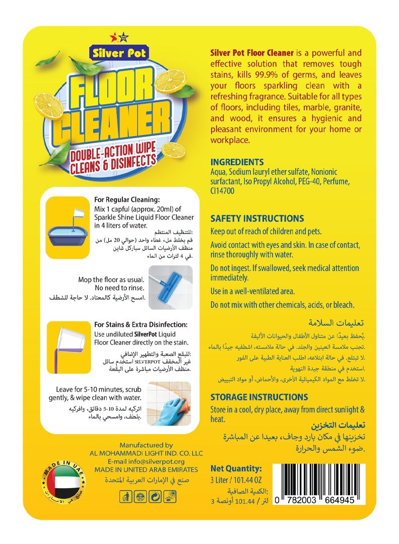 Silver Pot Lemon Floor Cleaner Liquid – 3L Antibacterial Surface Cleaning Solution with Refreshing Lemon Scent for Tiles, Marble, Wood, and Laminate Floors - Image 2