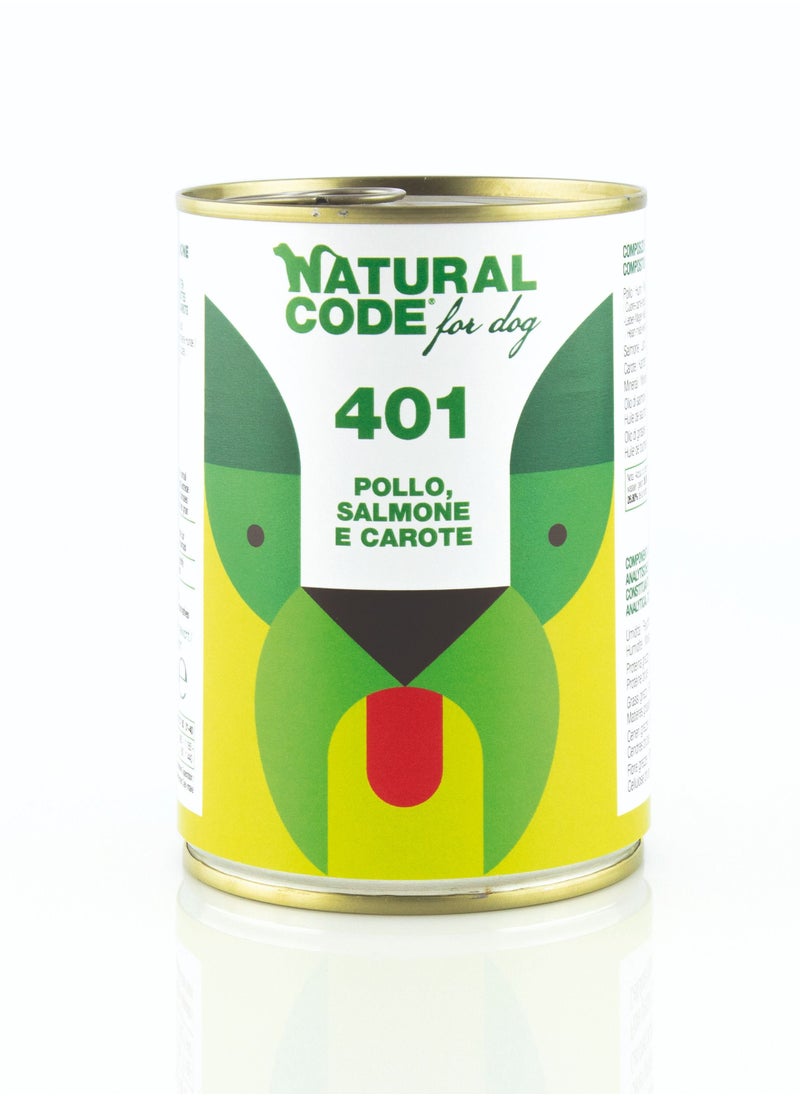 NATURAL CODE 401 Chicken Salmon and Carrots natural wet food for Adult Dogs can 400G pack of 6 