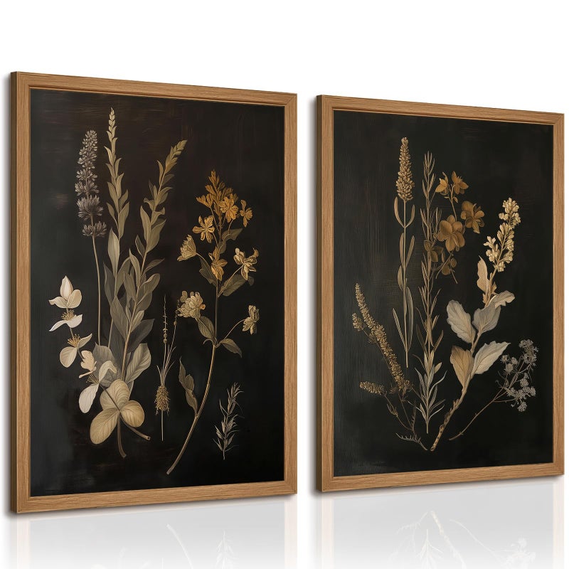 Tanmart Vintage Floral Wall Art Decor Black Botanical Canvas Art Moody Flower Wall Art Dark Academia Poster Painting Vintage Floral Prints Pictures for Bedroom Living Room 12x16 Inch Wood Framed Set of 2 - Image 1