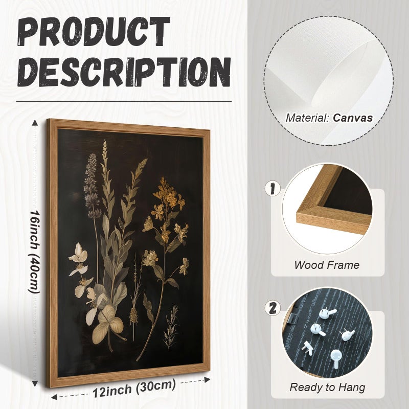 Tanmart Vintage Floral Wall Art Decor Black Botanical Canvas Art Moody Flower Wall Art Dark Academia Poster Painting Vintage Floral Prints Pictures for Bedroom Living Room 12x16 Inch Wood Framed Set of 2 - Image 2