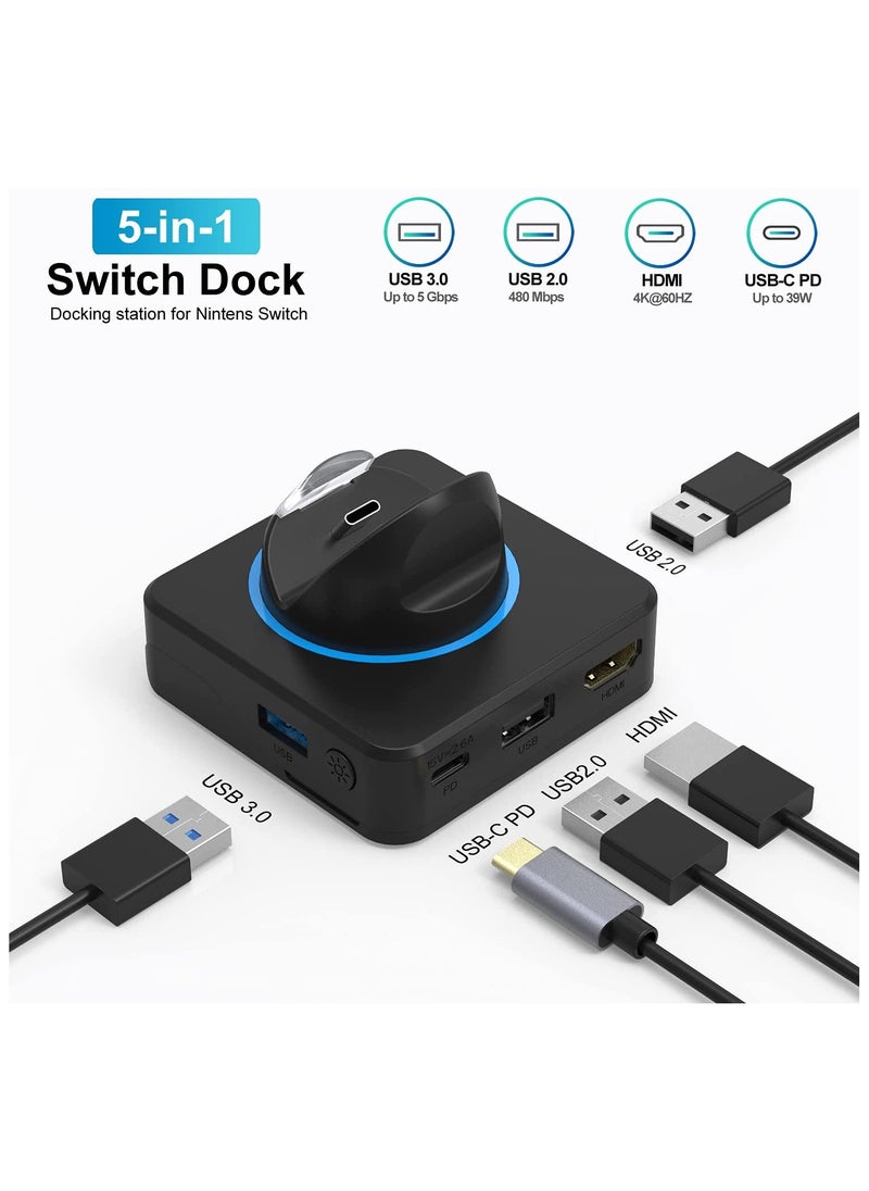 KASTWAVE - محطة إرساء لجهاز نينتندو سويتش، للتبديل إلى محول HDMI، تدعم 4K/60FPS USB 3.0 منفذ شحن محمول RUBU 5 في 1 للتخزين المحمول مناسب للسفر - Image 1
