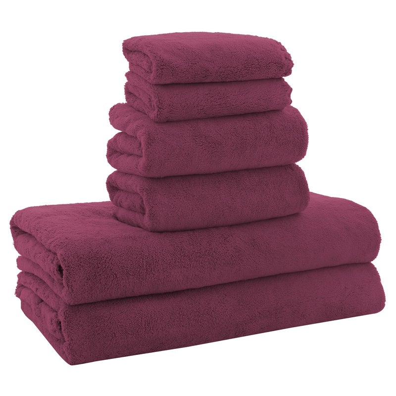 MOONQUEEN Ultra Soft Microfiber Coral Velvet Towel Set  Quick Drying 2 Bath Towels 2 Hand Towels 2 Washcloths  Burgundy 6 Pcs