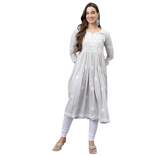 RATAN Women's Rayon Anarkali Lucknowi Chikankari Ethnic Wear Kurta (Rumi-Grey-S_Grey), Regular Fit - Image 1