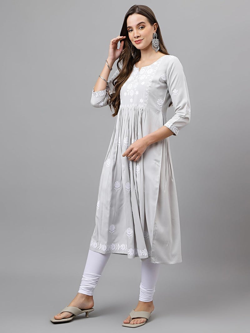 RATAN Women's Rayon Anarkali Lucknowi Chikankari Ethnic Wear Kurta (Rumi-Grey-S_Grey), Regular Fit - Image 3