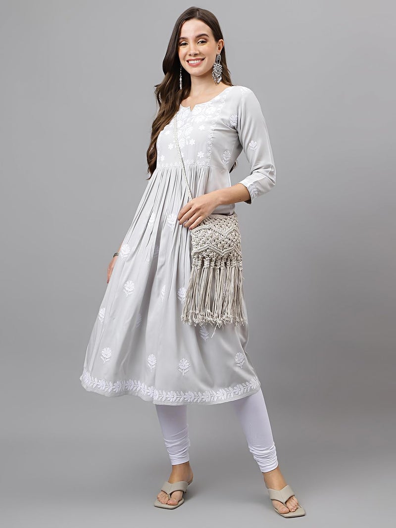 RATAN Women's Rayon Anarkali Lucknowi Chikankari Ethnic Wear Kurta (Rumi-Grey-S_Grey), Regular Fit - Image 2