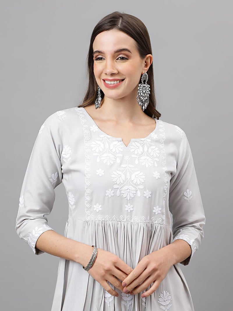 RATAN Women's Rayon Anarkali Lucknowi Chikankari Ethnic Wear Kurta (Rumi-Grey-S_Grey), Regular Fit - Image 5