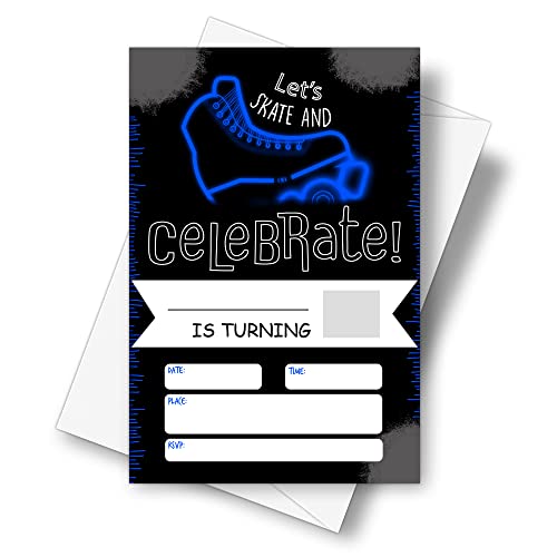 DETIHO 4" x 6" Blue Roller Skating Skating Theme Birthday Party Invitation Cards With Envelopes - Let's Skate and Celebrate - Neon Glow Skating Party Invitation - 20 Sets - E43 - Image 1