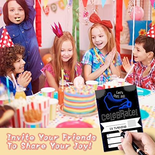 DETIHO 4" x 6" Blue Roller Skating Skating Theme Birthday Party Invitation Cards With Envelopes - Let's Skate and Celebrate - Neon Glow Skating Party Invitation - 20 Sets - E43 - Image 3
