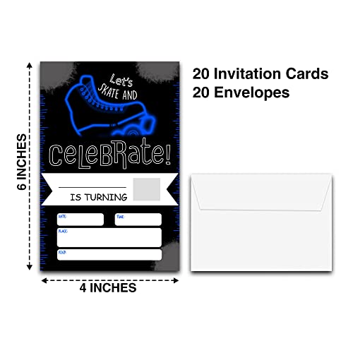 DETIHO 4" x 6" Blue Roller Skating Skating Theme Birthday Party Invitation Cards With Envelopes - Let's Skate and Celebrate - Neon Glow Skating Party Invitation - 20 Sets - E43 - Image 2