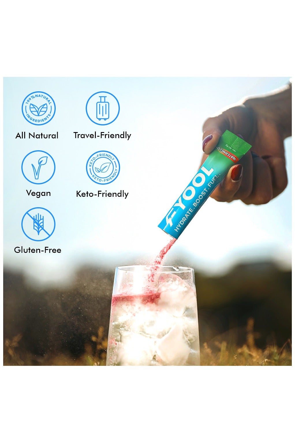 Fyool Hydration Electrolyte Powder| Electrolytes + Vitamins & Minerals | Zero Sugar & Calories | Energy Boost | Gluten-Free | Travel Essentials | Watermelon Flavor | 30 Stick Packs