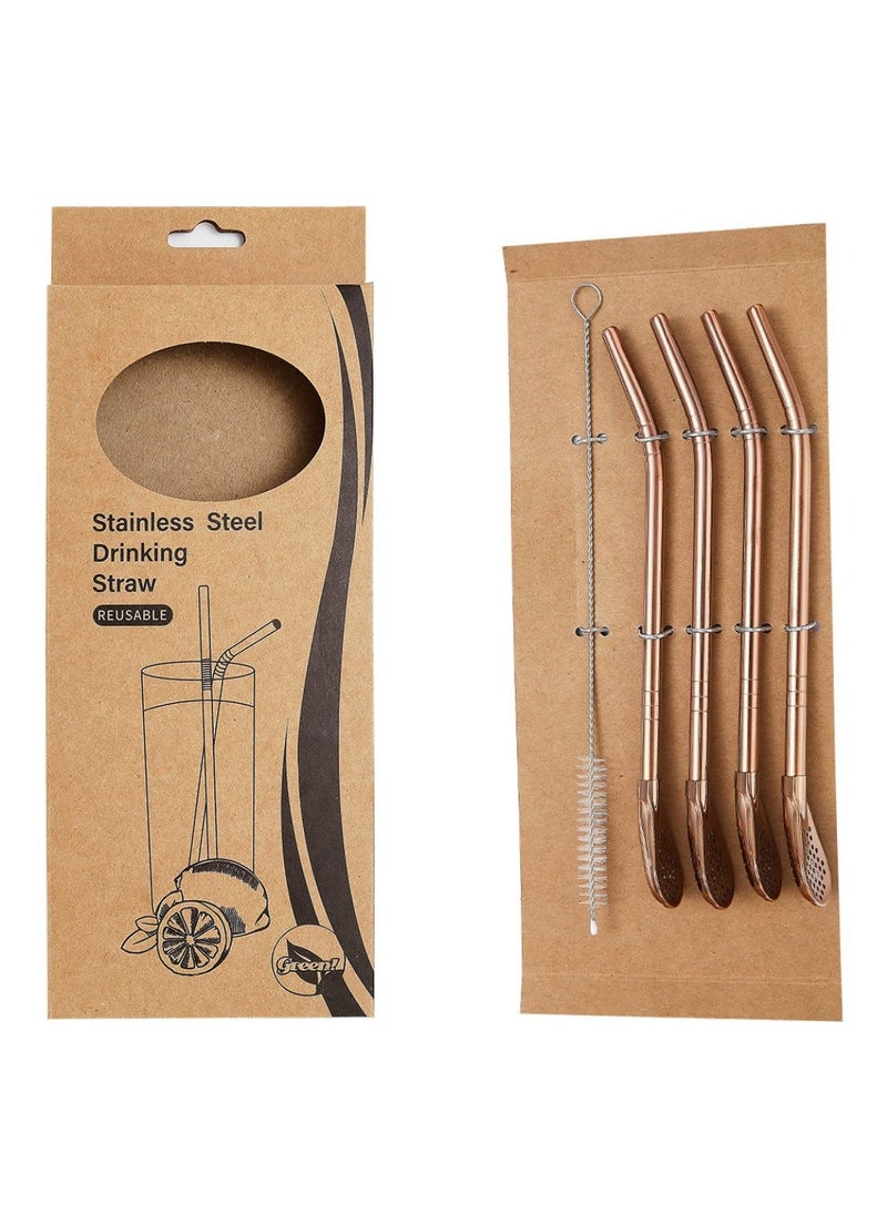 HILUKE Straw with Filtering Spoon 4 PCS Reusable Stainless Steel Drinking Straws with 2 PCS Cleaning Brushes for Yerba Mate Tea Bombilla, Gourd Loose Leaf Tea, Cocktail  - Image 1