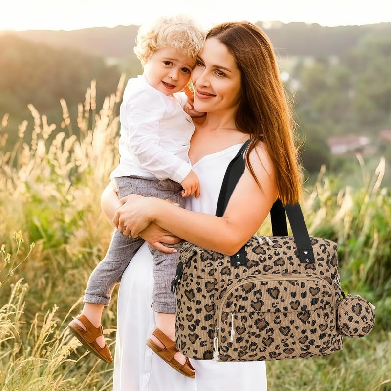 Tenot Corduroy Diaper Bag Tote, Baby Bag Travel Diaper Tote Bag with Pacifier Case, Large Tote Diaper Bag for Women, Baby Diaper Bags For Baby Girl Boy Mom Maternity Hospital Bag, Leopard Print - Image 2