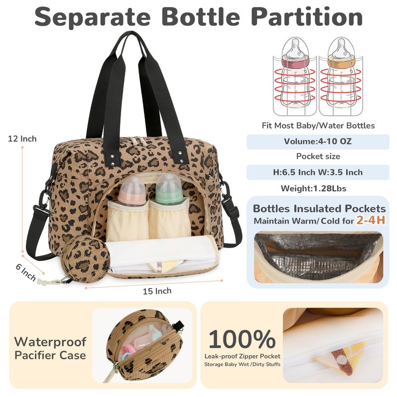 Tenot Corduroy Diaper Bag Tote, Baby Bag Travel Diaper Tote Bag with Pacifier Case, Large Tote Diaper Bag for Women, Baby Diaper Bags For Baby Girl Boy Mom Maternity Hospital Bag, Leopard Print - Image 4