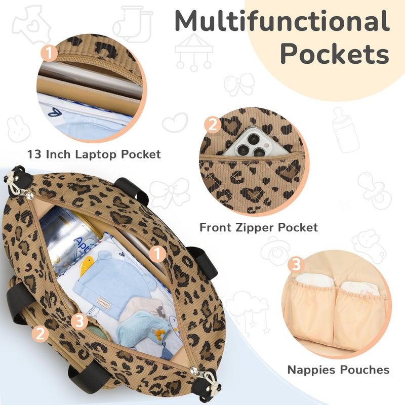 Tenot Corduroy Diaper Bag Tote, Baby Bag Travel Diaper Tote Bag with Pacifier Case, Large Tote Diaper Bag for Women, Baby Diaper Bags For Baby Girl Boy Mom Maternity Hospital Bag, Leopard Print - Image 5