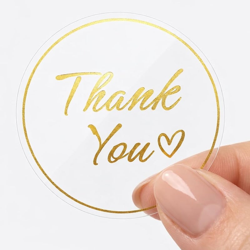 IBAKE 1.5 Inch Clear Thank You Stickers Roll - 500 PCS Gold Foil Script, Waterproof Transparent Adhesive Labels for Small Business Packaging, Gift Bags, Envelopes, Weddings & Events - Image 1