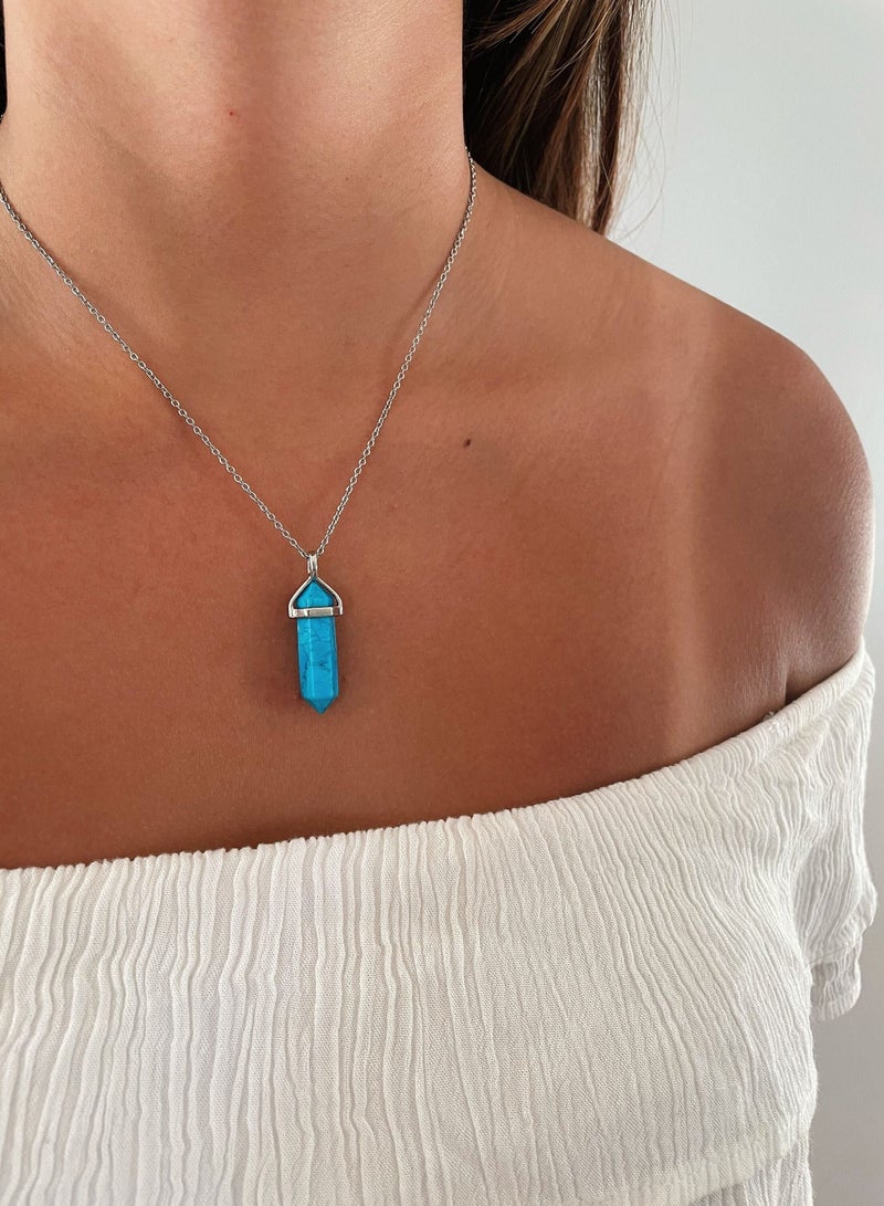Turquoise Blue Stone Hexagonal Pendant Gemstone Pendant and Chain - Image 1