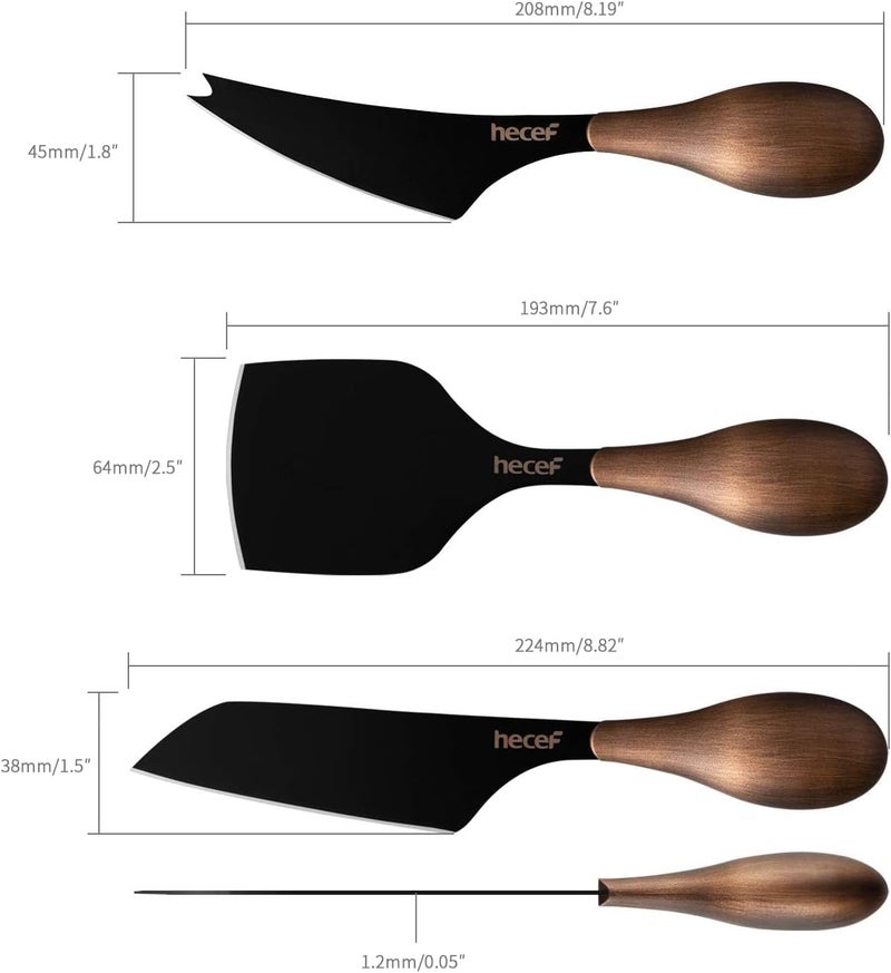 hecef Cheese Knife Set of 3, Bronze Grain Multipurpose Retro Cheese Knives, Set includes Pronged, Hard Cheese & Chisel Knife, Black - Image 2
