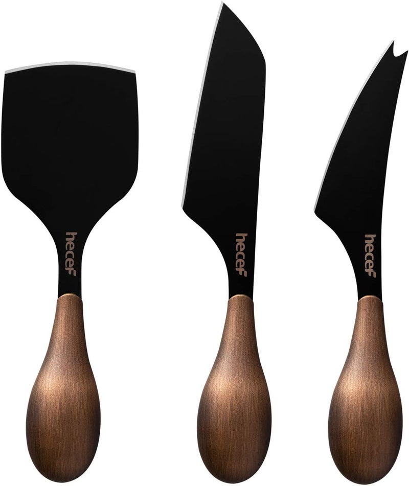 hecef Cheese Knife Set of 3, Bronze Grain Multipurpose Retro Cheese Knives, Set includes Pronged, Hard Cheese & Chisel Knife, Black - Image 1