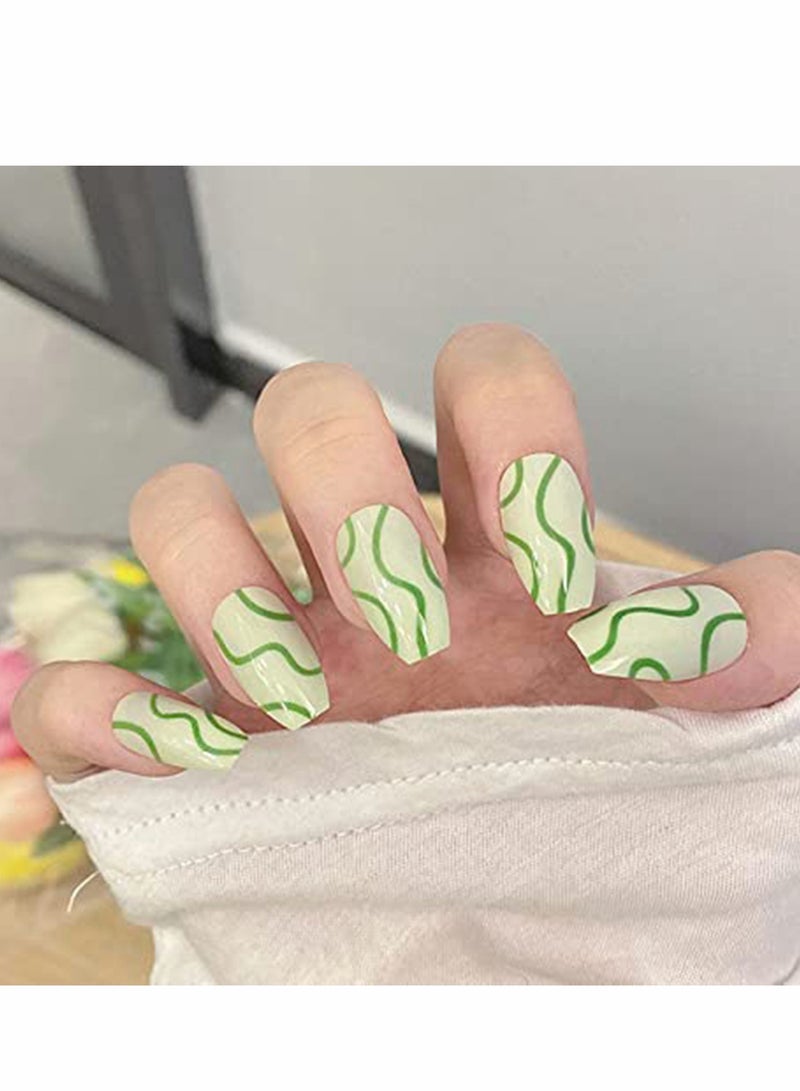 Excefore False Nails, KASTWAVE 24Pcs Press on Nails, Medium Coffin Glue on Nails Green Line Fake Nails, Glossy Artificial Manicure, for Women and Girls - Image 2