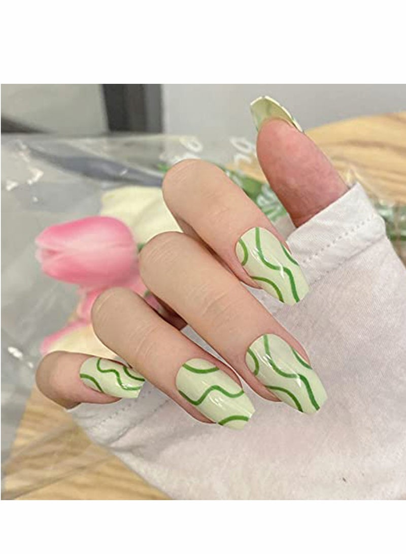 Excefore False Nails, KASTWAVE 24Pcs Press on Nails, Medium Coffin Glue on Nails Green Line Fake Nails, Glossy Artificial Manicure, for Women and Girls - Image 4