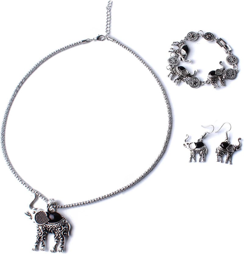 cheekyglo 3PCS Women Lucky Elephant Necklace Earrings Set Turquoise Charm Pendant Chain Choker Necklace Adjustable Jewlery Gift,Black - Image 2