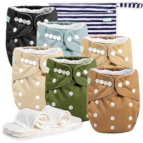 wegreeco Cloth Diapers 6 Pack with 6 Inserts 1 Wet Bag Washable Cloth Diapers for Babies One Size Adjustable Reusable Warm Colour