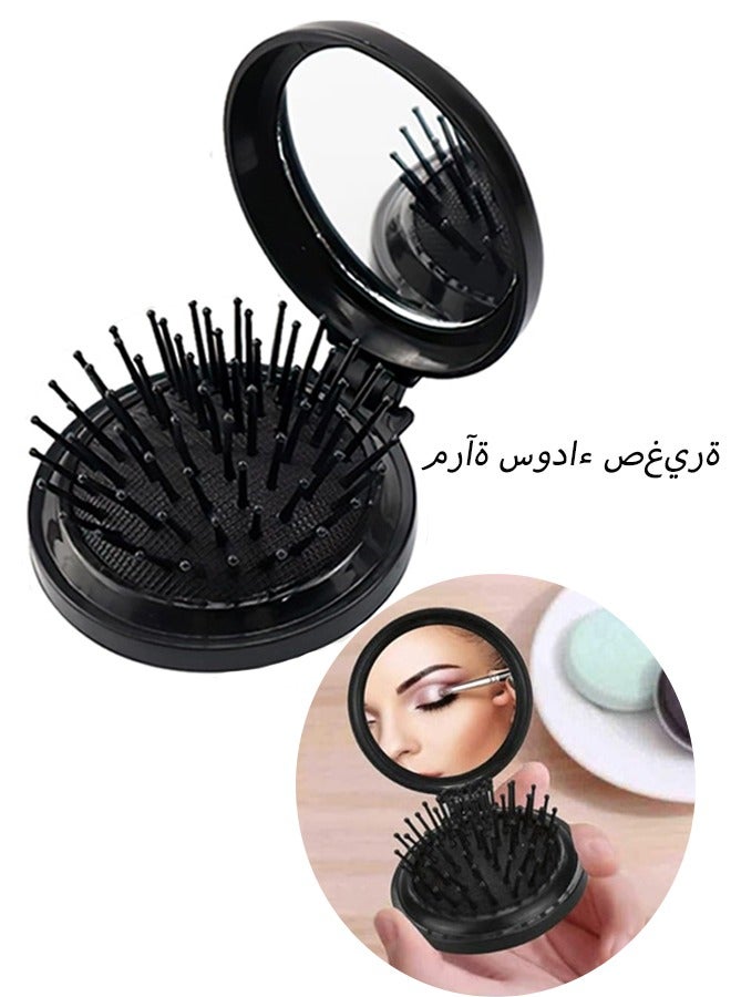 Folding Mini Hair Brush with Mirror Travel Size Round Massage Comb for Women and Girls,Commutes Travel Office Outdoor Trips Social Gatherings, Combines Hair Grooming Makeup Mirror Scalp Massage in Compact Black Design - Image 1