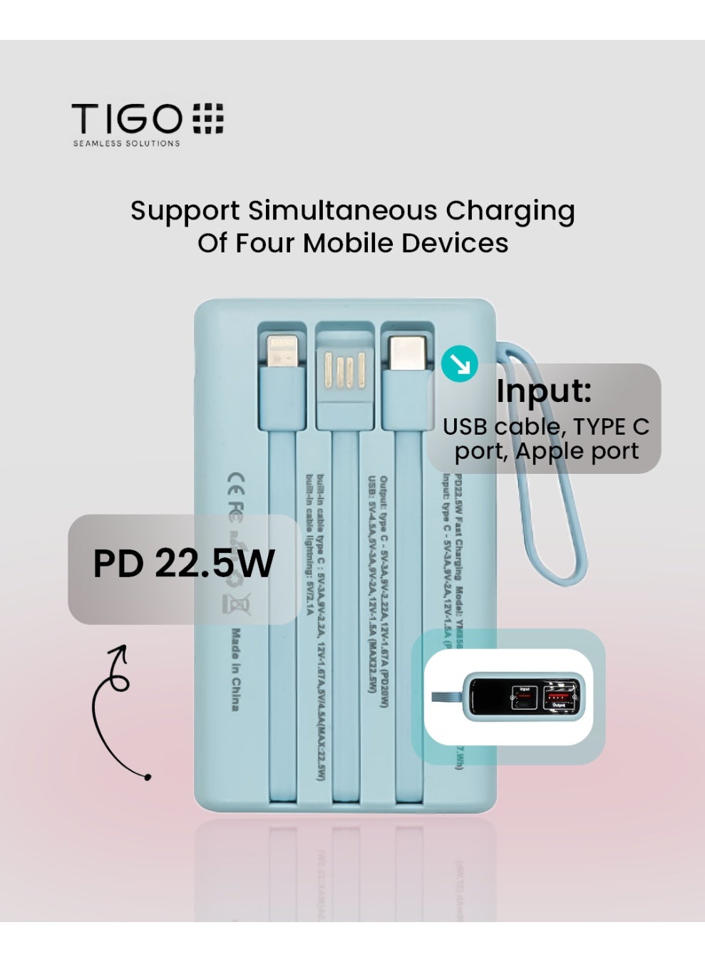 Super Fast Charging Portable 10000mAh 22.5W Power Bank with 3 built-in Charging Cables, USB C battery pack, LED display Compatible with iPhone 16 15 14 Samsung Galaxy Google Pixel Android Tablet Blue