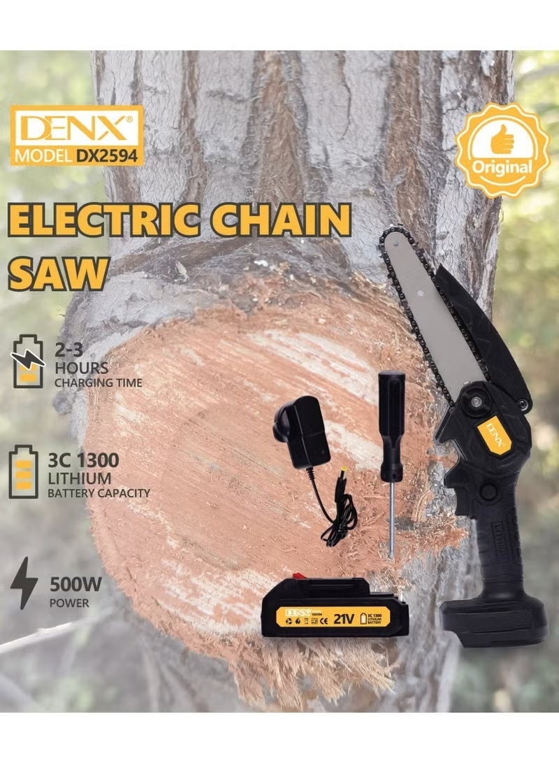 Denx Lightweight Cordless Chainsaw with Rechargeable Lithium Battery, One-Hand Operation, Electric Wood Cutter 500W Motor 2400 RPM, Portable Outdoor Tool for Branches & Logs - Image 4
