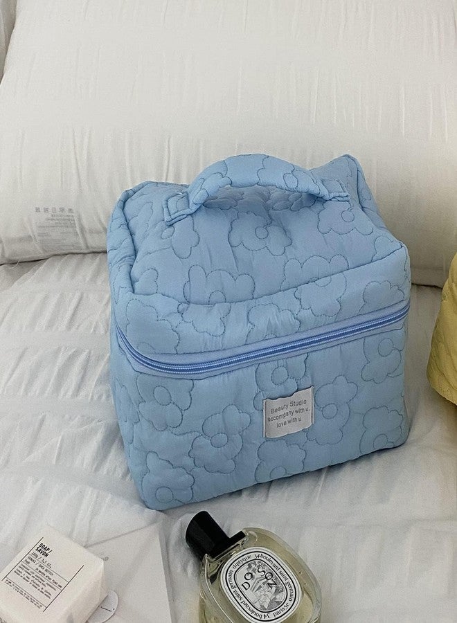 DREWIT STAR Cotton Makeup Bag Large Travel Cosmetic Bag Quilted Cosmetic Pouch Coquette Aesthetic Floral Toiletry Bag (Blue) - Image 3
