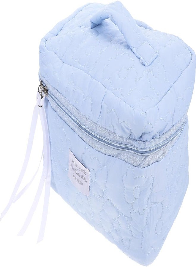 DREWIT STAR Cotton Makeup Bag Large Travel Cosmetic Bag Quilted Cosmetic Pouch Coquette Aesthetic Floral Toiletry Bag (Blue) - Image 1