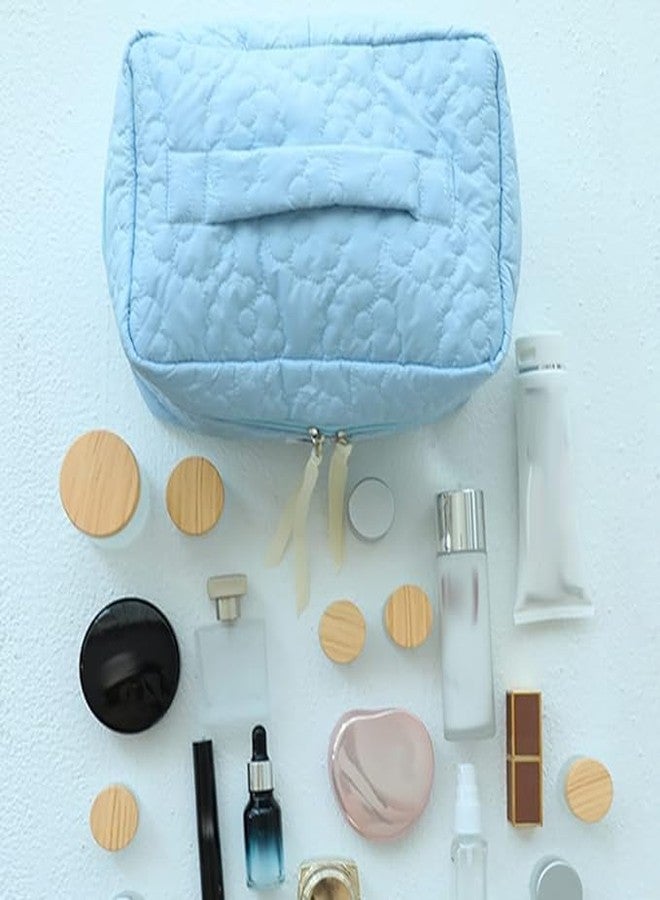 DREWIT STAR Cotton Makeup Bag Large Travel Cosmetic Bag Quilted Cosmetic Pouch Coquette Aesthetic Floral Toiletry Bag (Blue) - Image 2