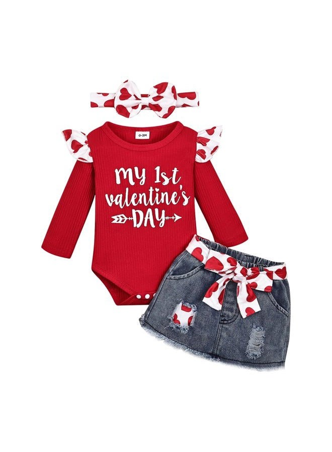 FOCUTEBB My Fisrt Valentine Outfit Infant Baby Girl Valentines Outfits Baby Girl Clothes Cute Denim Skirt Set 0-18 Months, Red, 9-12 months - Image 1
