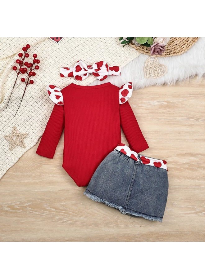 FOCUTEBB My Fisrt Valentine Outfit Infant Baby Girl Valentines Outfits Baby Girl Clothes Cute Denim Skirt Set 0-18 Months, Red, 9-12 months - Image 3