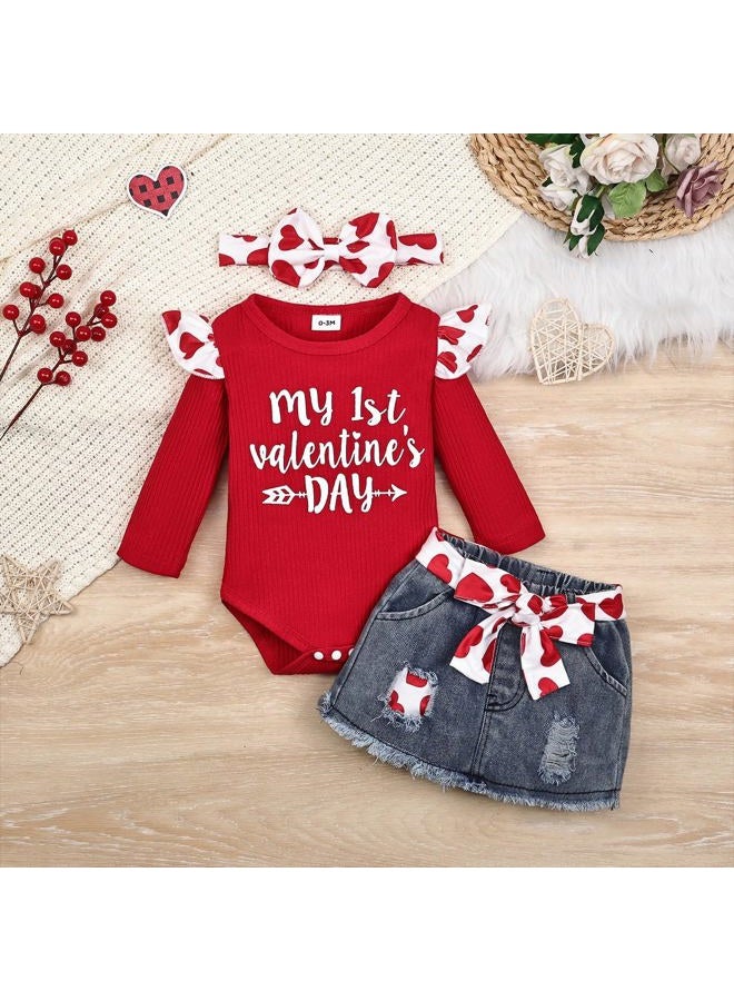 FOCUTEBB My Fisrt Valentine Outfit Infant Baby Girl Valentines Outfits Baby Girl Clothes Cute Denim Skirt Set 0-18 Months, Red, 9-12 months - Image 2