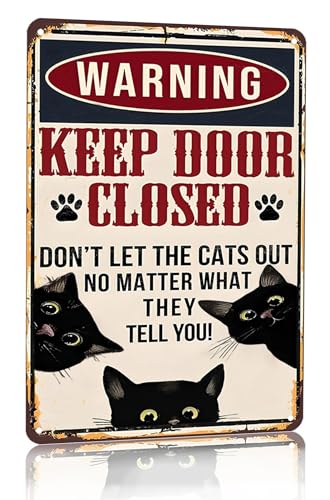 Crazysign Funny Black Cat Vintage Tin Sign Keep Door Closed Sign for Home House Apartment Door Sign Wall Decor 8 x 12 Inch (3001) - Image 1