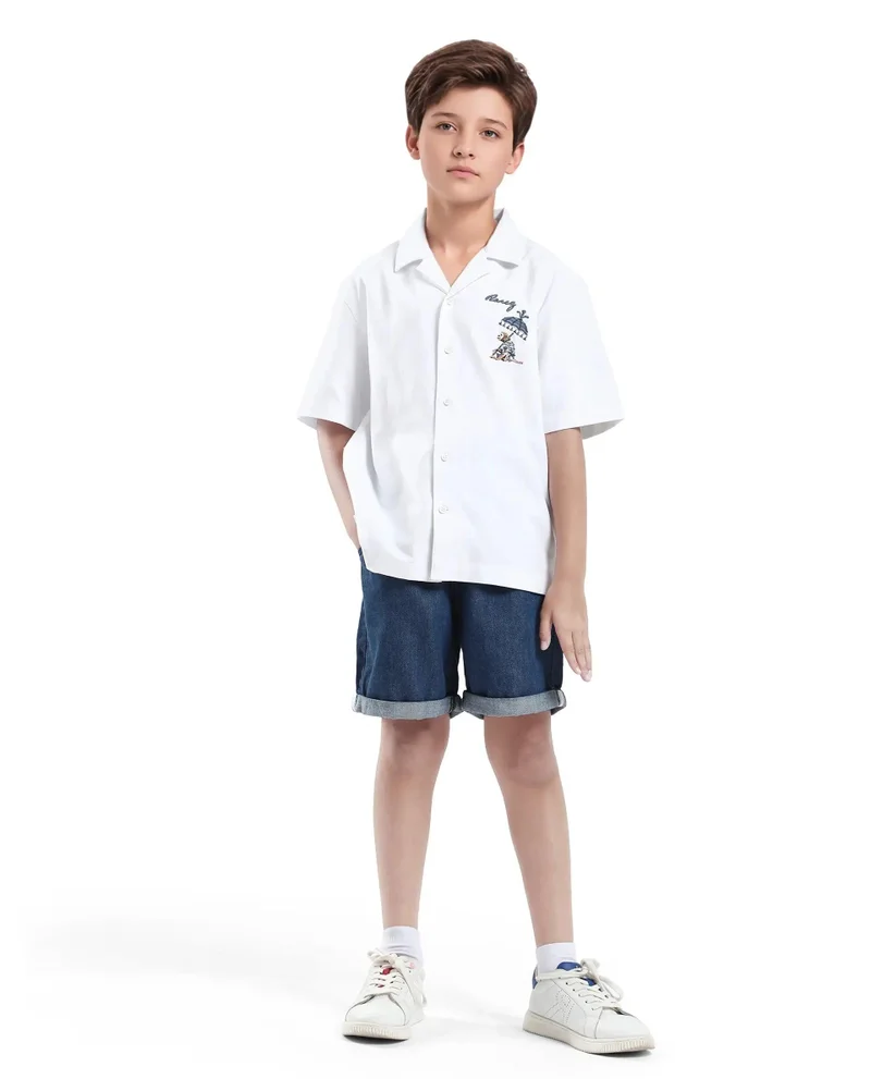 رير ونز Rare Ones Kids Ofo White Cotton Blend Full Sleeve Button Embroidered Regular Fit Shirt
