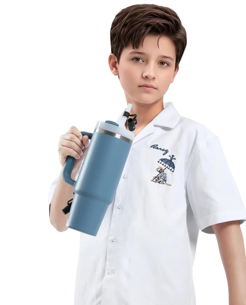 رير ونز Rare Ones Kids Ofo White Cotton Blend Full Sleeve Button Embroidered Regular Fit Shirt