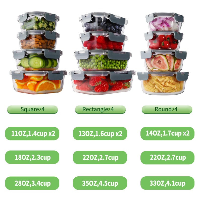 HOMBERKING 24pc Borosilicate Glass Food Storage Containers with Snap Locking Lids, Glass Meal Prep Containers, Airtight Lunch Boxes, Oven, Freezer and Dishwasher Safe, BPA Free, Kitchen Storage Set - Image 2