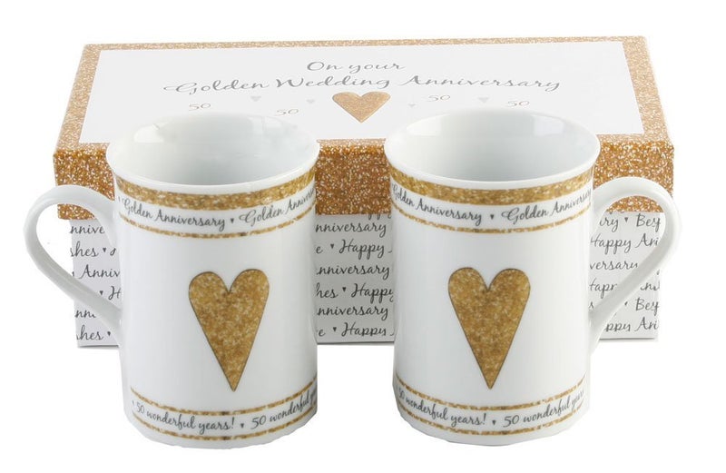 Pair Of Gift Boxed Golden Anniversary Mugs  50th Wedding Anniversary
