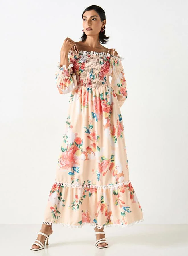 2Xtremz 2Xtremz Floral Print Smocked Maxi Off Shoulder Dress with Strappy Tie-Ups