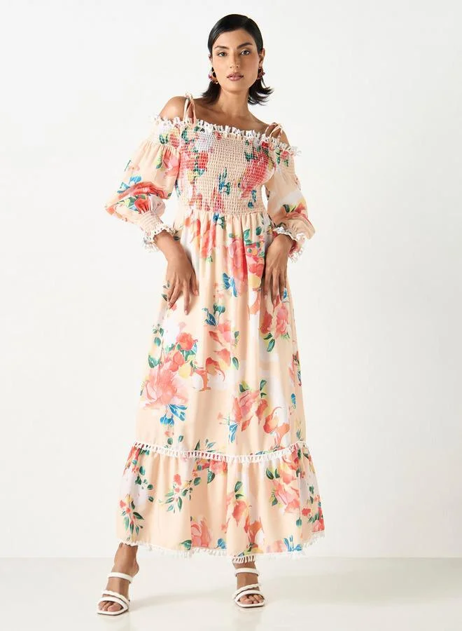 2Xtremz 2Xtremz Floral Print Smocked Maxi Off Shoulder Dress with Strappy Tie-Ups