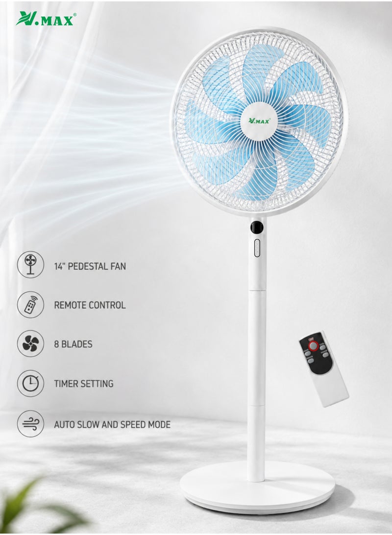 Vmax 14" Smart Pedestal Fan with Detachable Remote Control – 45W Quiet DC Motor, 8-Leaf High Velocity Blade, 1-4H Sleep Timer & 5 Speed Modes – Wide-Angle Oscillating Standing Fan for Home & Bedroom - Image 1