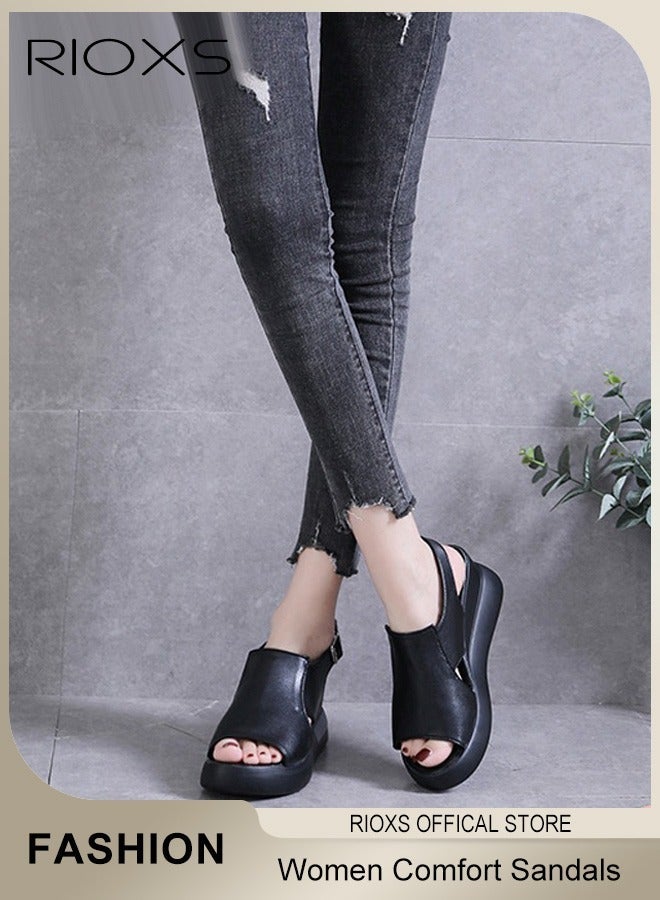RIOXS Women's Fashion Wedge Sandals with Ankle Straps, Casual Non-Slip Thick Sole Platform Sandals, Lightweight Open Toe Sandals, Suitable for Any Foot Type, Perfect for Your Cool Summer Outfit - Image 2