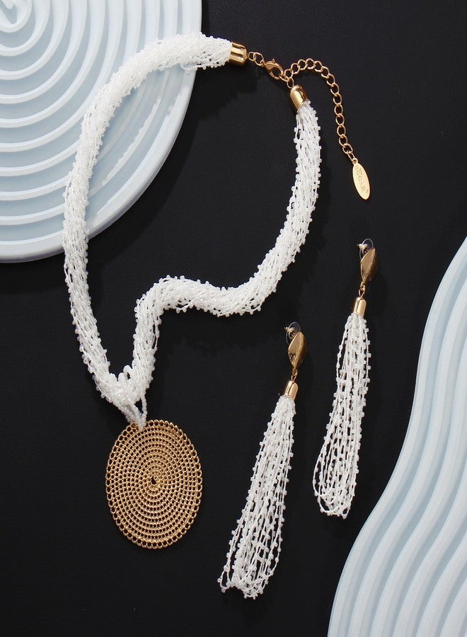 بوكار طقم مجوهرات بوكار متعدد الطبقات، قلادة دائرية مصنوعة يدوياً من الخرز بطول 20 بوصة مع أقراط للنساء (NK-10678-white-set) - Image 2