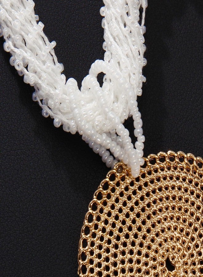 بوكار طقم مجوهرات بوكار متعدد الطبقات، قلادة دائرية مصنوعة يدوياً من الخرز بطول 20 بوصة مع أقراط للنساء (NK-10678-white-set) - Image 4