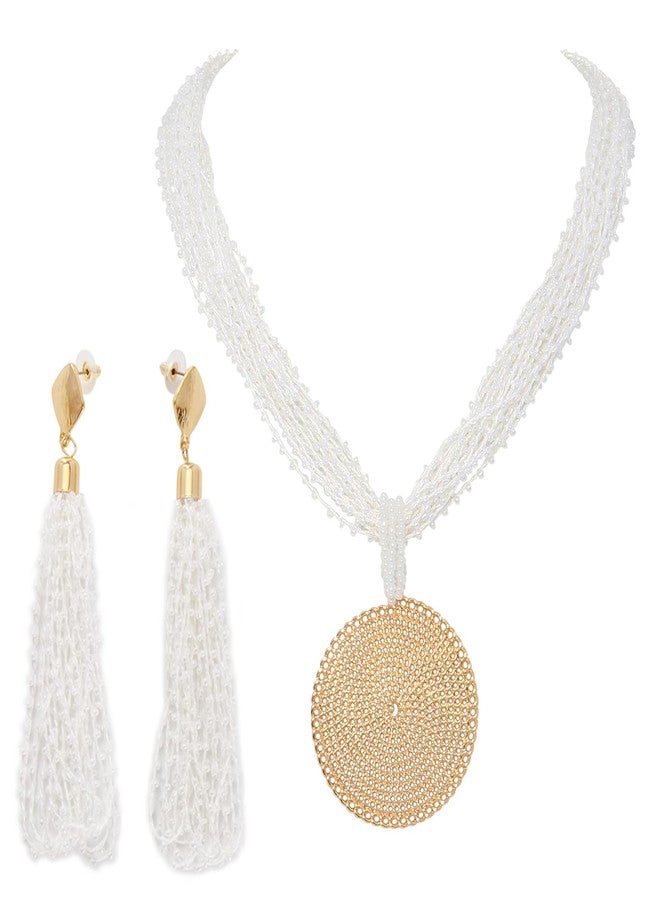 بوكار طقم مجوهرات بوكار متعدد الطبقات، قلادة دائرية مصنوعة يدوياً من الخرز بطول 20 بوصة مع أقراط للنساء (NK-10678-white-set) - Image 1