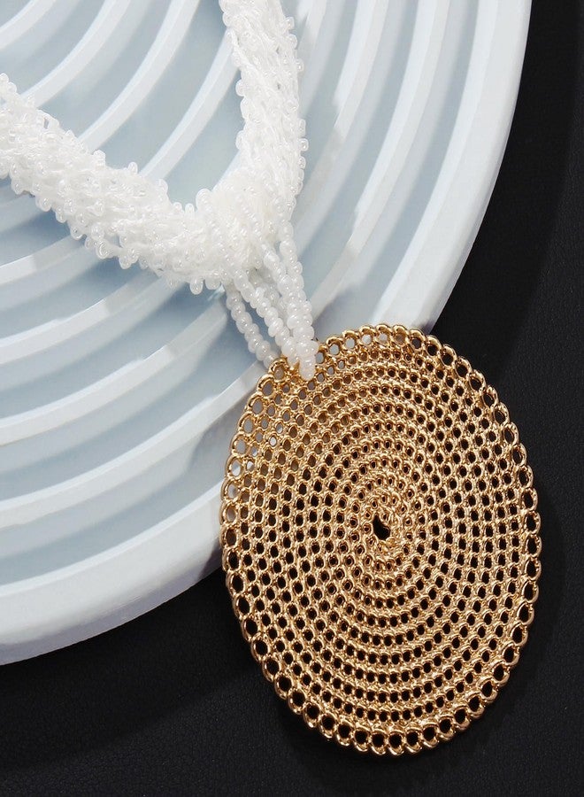 بوكار طقم مجوهرات بوكار متعدد الطبقات، قلادة دائرية مصنوعة يدوياً من الخرز بطول 20 بوصة مع أقراط للنساء (NK-10678-white-set) - Image 3